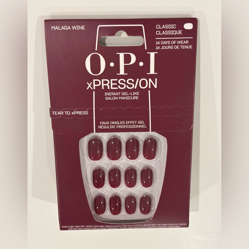 OPI Xpression press on nails in Burgundy Nail Set, NIB. Color: Malaga Wine